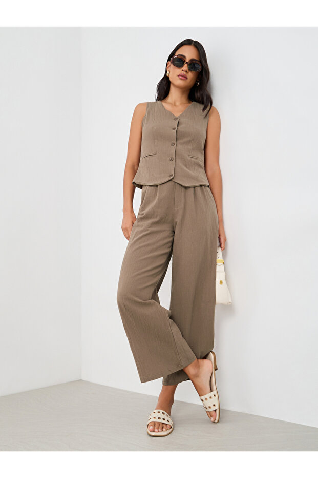 Smocked Waist Mid Rise Wide Leg Pants