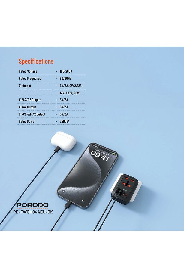 Evrensel Prizli Seyahat Adaptörü, 2500W AC, PD 20W Hızlı Şarj, 2 USB-C ve 2 USB-A Portu Avrupa Fişli - 5