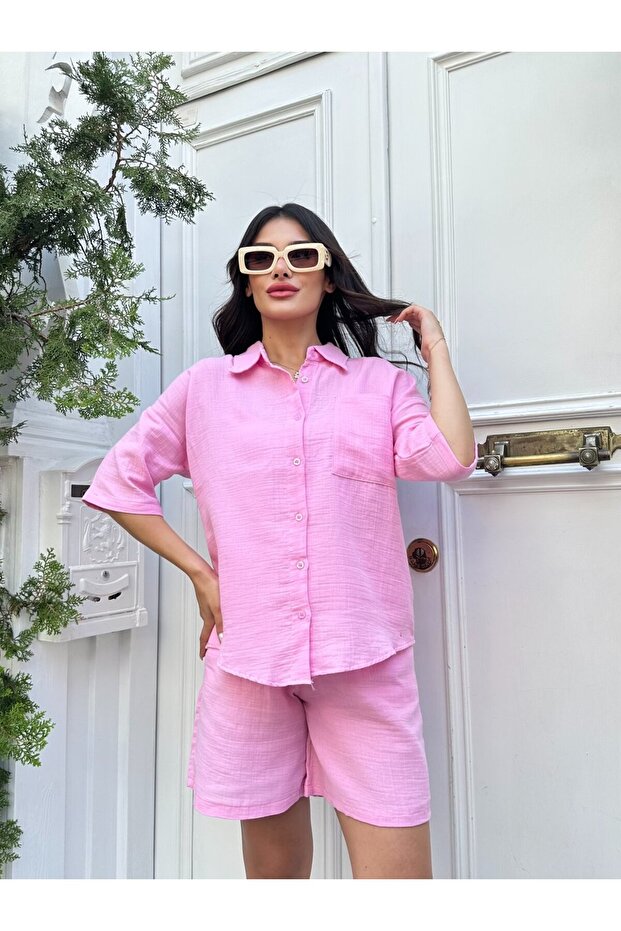 Müslin Kumaş Şortlu Takım - 1