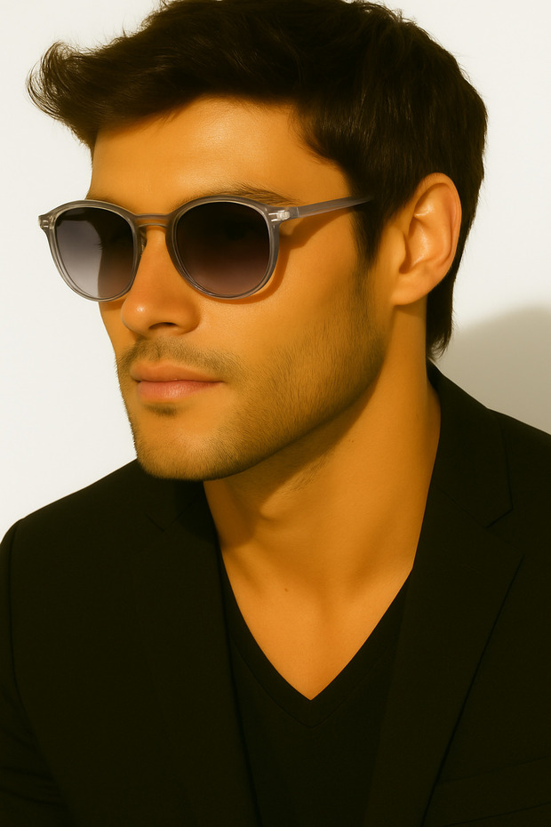 Round Sunglasses with Transparent Gray Frame and Purple Glass – Unisex Retro Model
