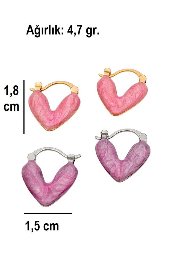 Pembe Mineli Minimal Çelik Kalp Küpe - 2