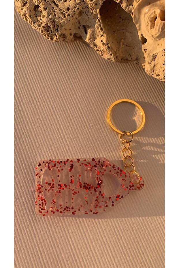 Transparent Epoxy Red Glitter Decorated New Year Themed Keychain with Gold Accessories Handmade Gift
