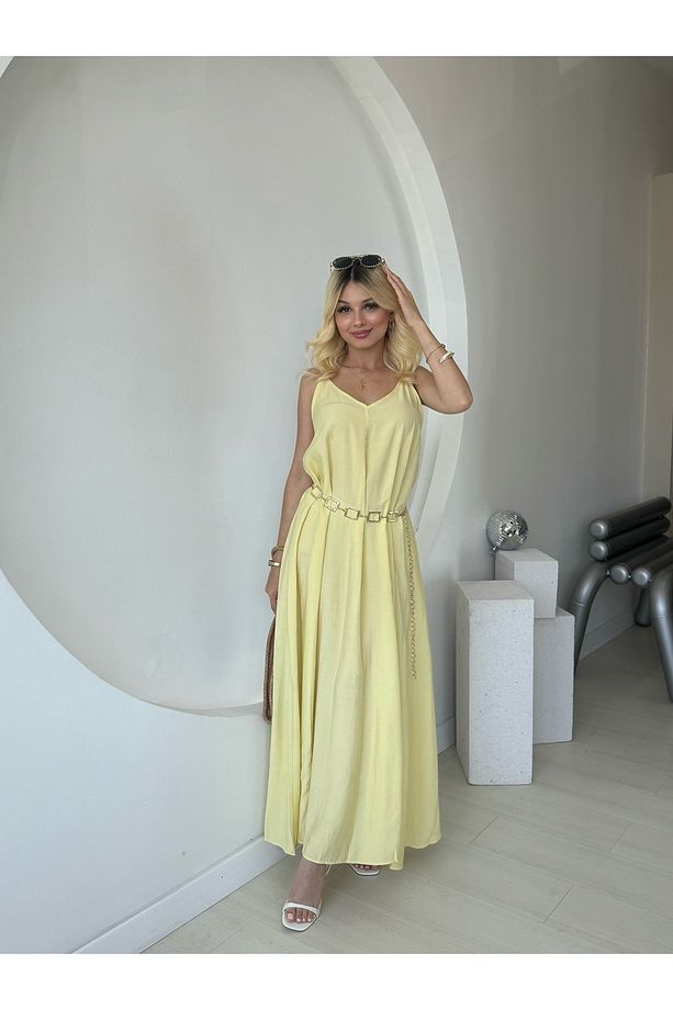 Sarı İnce Askılı Elbise - 3