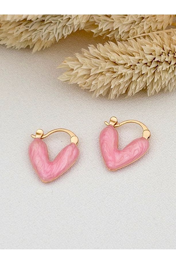 Pembe Mineli Minimal Çelik Kalp Küpe - 4