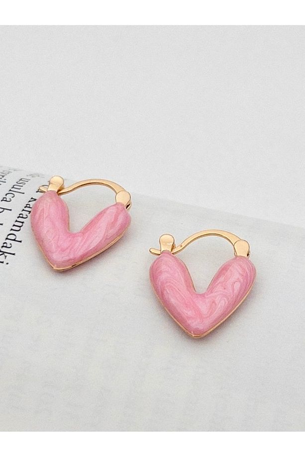 Pembe Mineli Minimal Çelik Kalp Küpe - 1