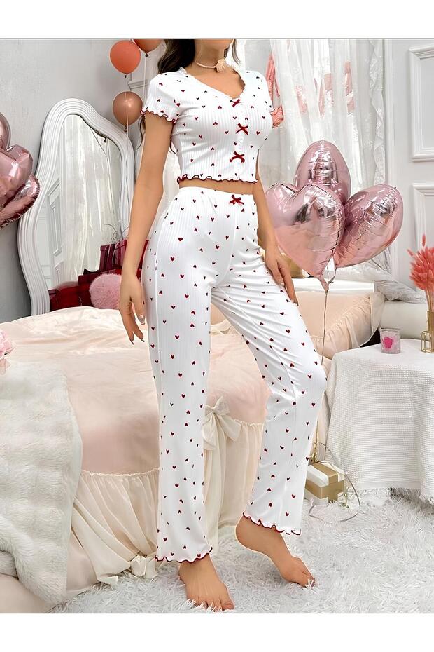 Ideal for Daily Wear with Soft Cotton Comfortable Cut Red Heart Pattern Pajama Set - 2