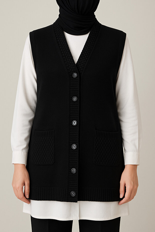 Women's Black Knitwear Vest Buttoned Cardigan with Pockets – Daily Combination for Middle Ages