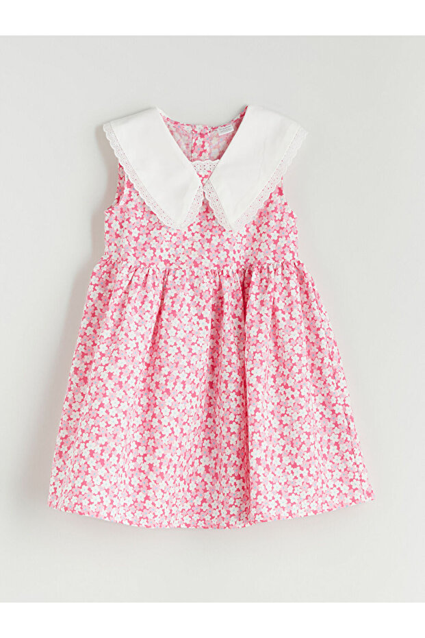 Pembe Bebe Yaka Çiçekli Kız Çocuk Elbise - 1