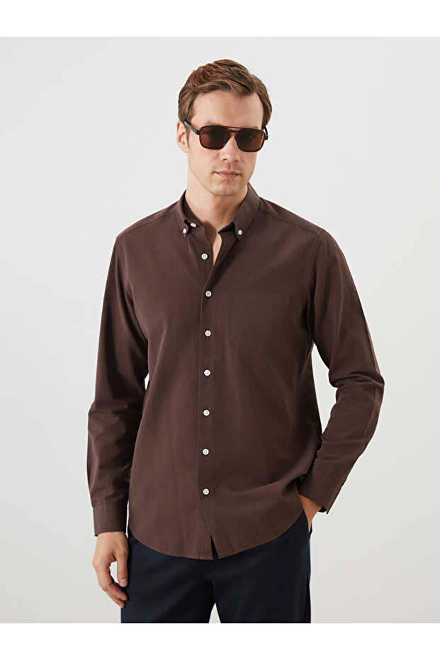 Kahverengi Regular Fit Uzun Kollu Poplin Erkek Gömlek - 1