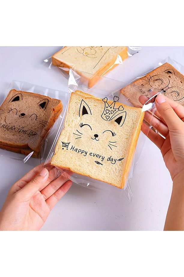 30 ADET SEVİMLİ KEDİLER TASARIMLI TOST, KEK POŞETİ 14x14cm – YAPIŞKANLI AMBALAJ - 2