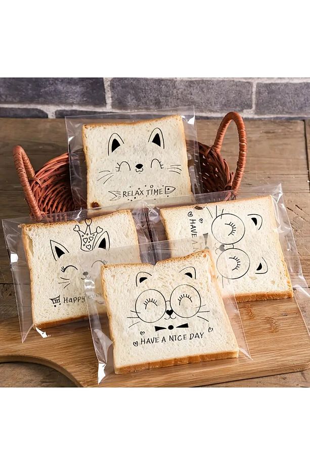 30 ADET SEVİMLİ KEDİLER TASARIMLI TOST, KEK POŞETİ 14x14cm – YAPIŞKANLI AMBALAJ - 1