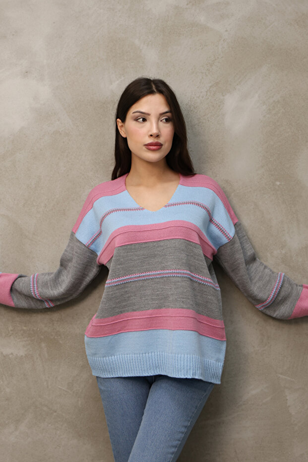 V-Neck Long Sleeve Wide Loose Cut Three Color Skirt Elastic Color Block Basic Seasonal Knitwear Sweater