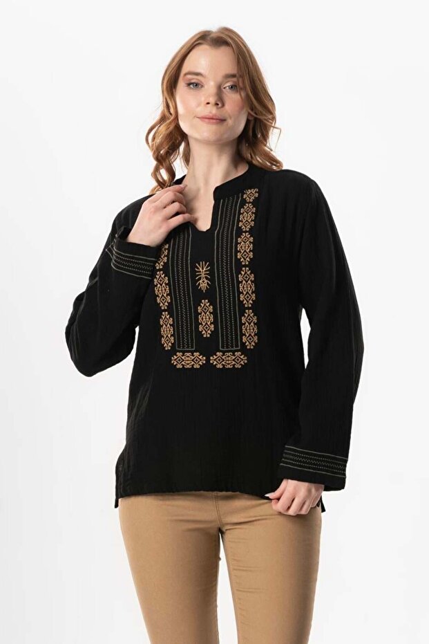 Long Sleeve Ibiza Embroidered Women's Muslin Summer Tshirt Black Syh