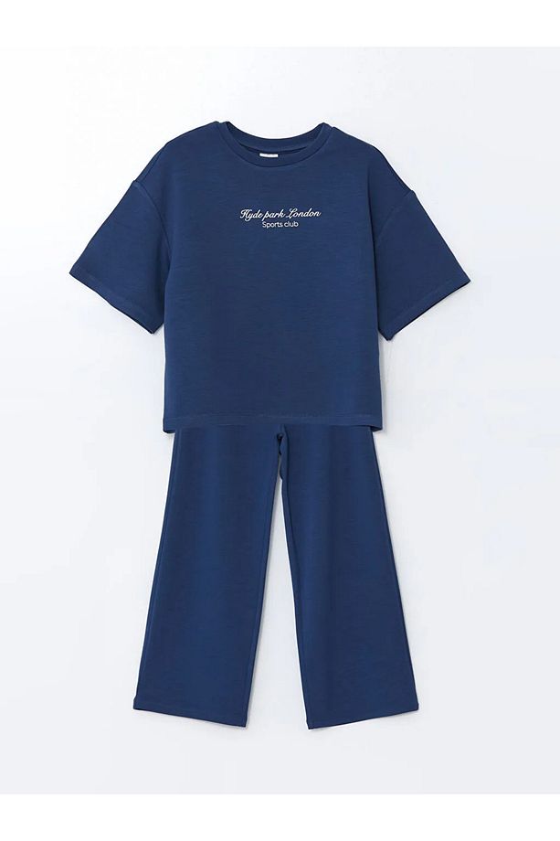 LCW Kids Indigo Bisiklet Yaka Soft Touch Kız Çocuk Tişört ve Eşofman Altı - 3