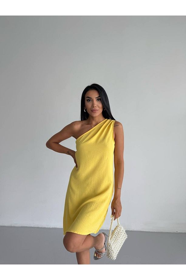 Tek Omuz Ayrobin Kumaş Elbise Sarı - 5