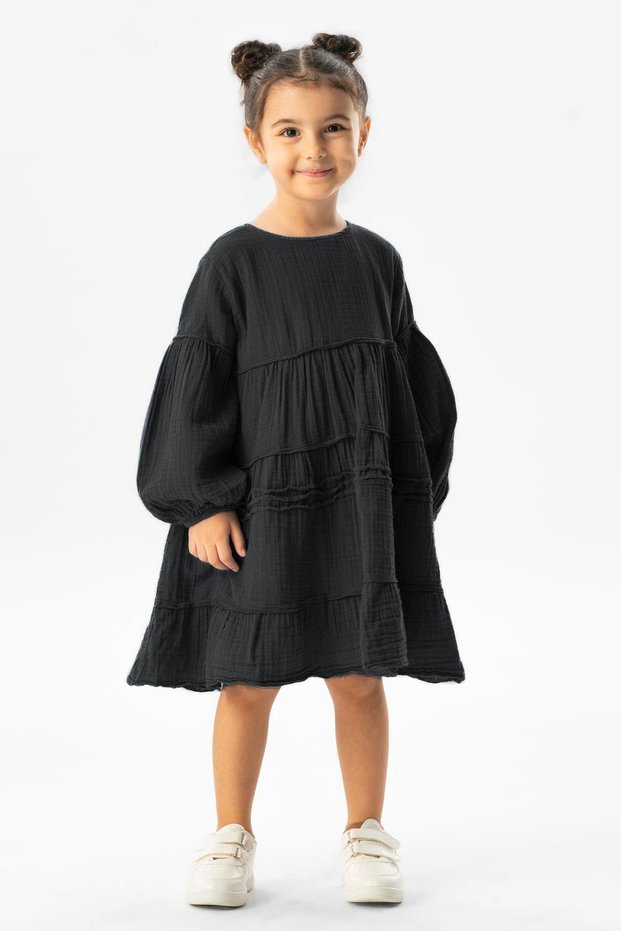 Long Sleeve Ilai Summer Muslin Children's Dress Black Syh