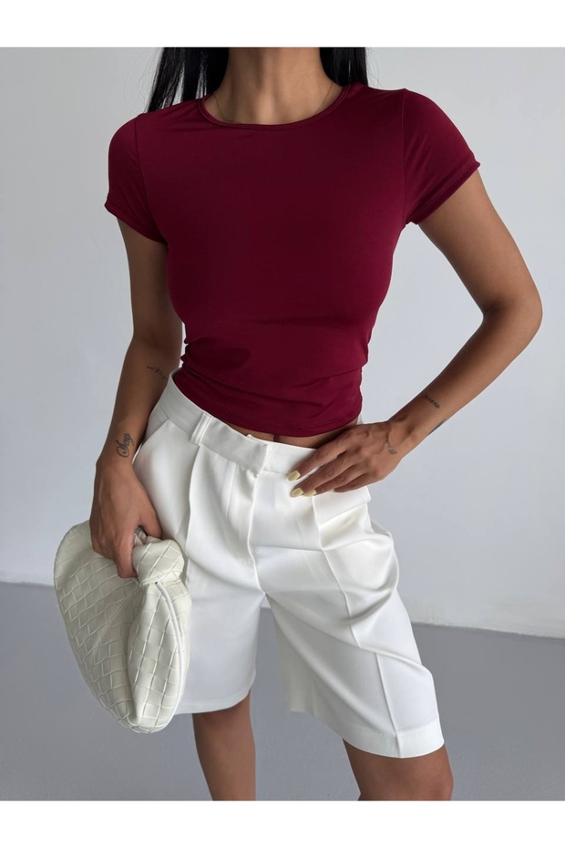 Basic Short Sleeve Sandy Blouse Claret Red - 1