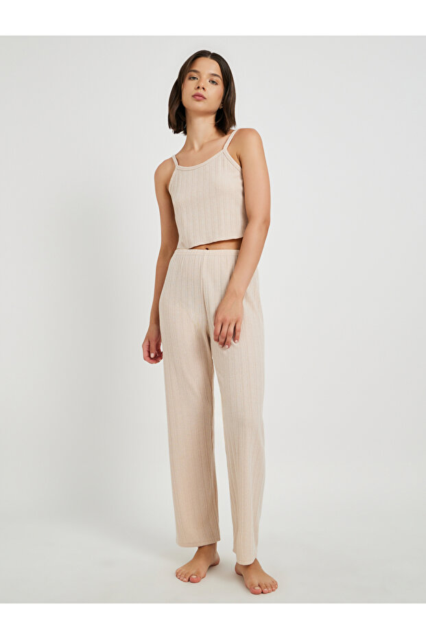 Solid Rib Strappy Cami and Pyjama Set - 2