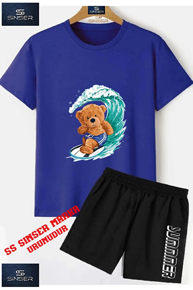 Children's Unisex “Bear Sorted Sorf“ Special Printed Crew Neck T-Shirt - Shorts Set