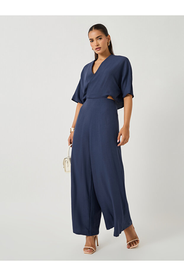 Solid Batwing Sleeves Wrap Look Wide Leg Jumpsuit