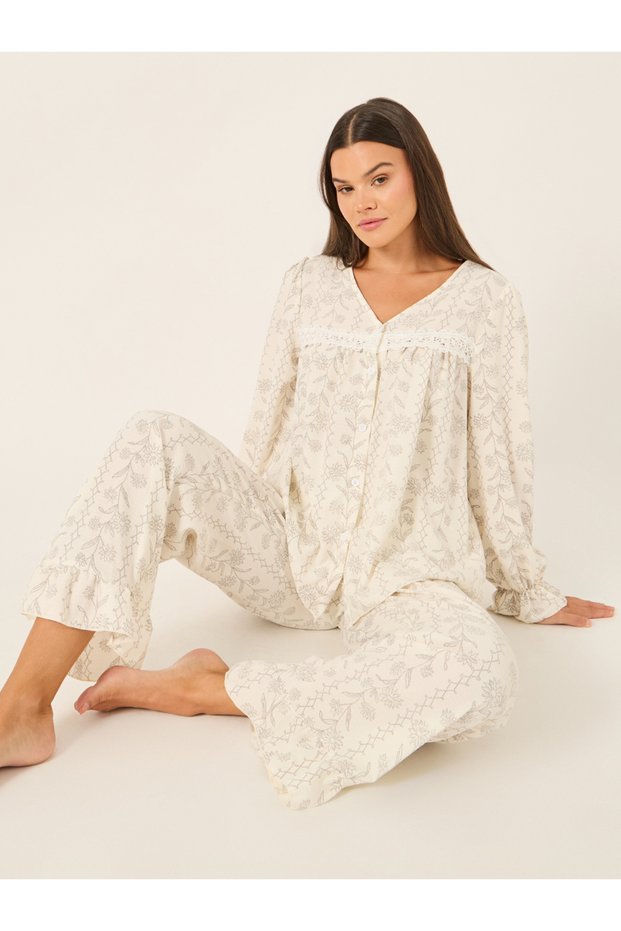All-Over Floral Print Lace Insert Long Sleeve Top and Ruffle Hem Pyjama Set