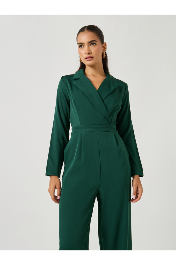 Solid Notch Lapel Wide Leg Jumpsuit - 2