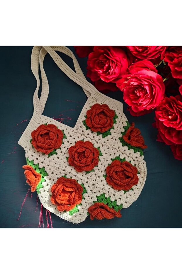 Hand Knitted Rose Bag