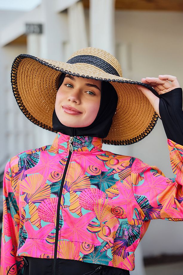 Zigzag Şerit Detaylı Hasır Plaj Şapkası RŞ-2103 Camel03 - 6