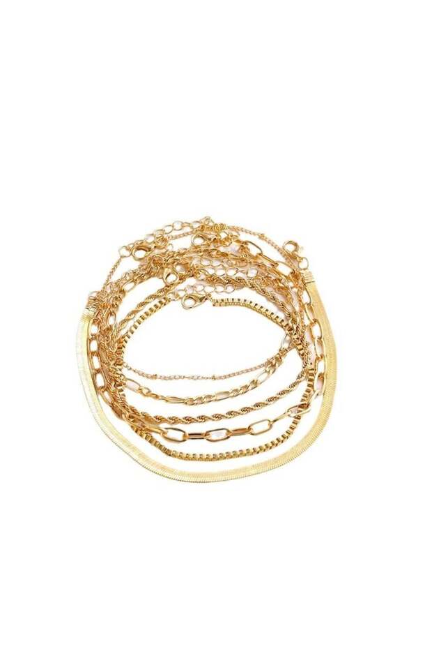 Elegant 6-Piece Gold Colour Layered Anklet Set – Stylish Alloy Chain Anklets for Women