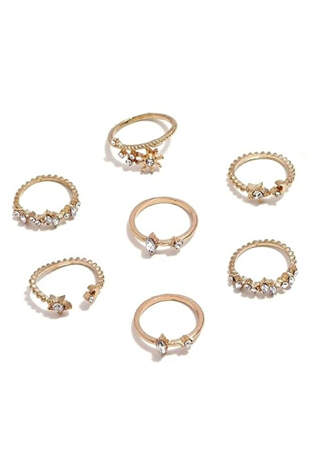 7-Piece Gold Colour Plated Star & Crystal Ring Set – Elegant & Delicate