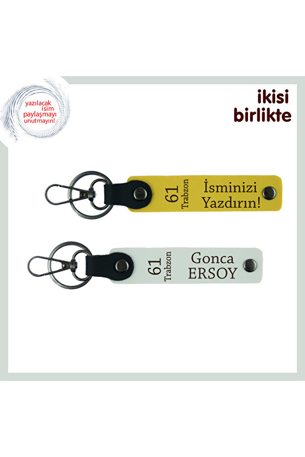 Trabzon Themed 61 Patterned Stylish Leather Keychain Set, Name Written, Yellow-White