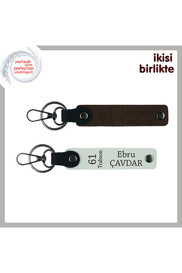 Souvenir to a Friend with Eastern Black Sea, Personalized Leather Keychain Set of 2, Name Written, Dark Brown-White