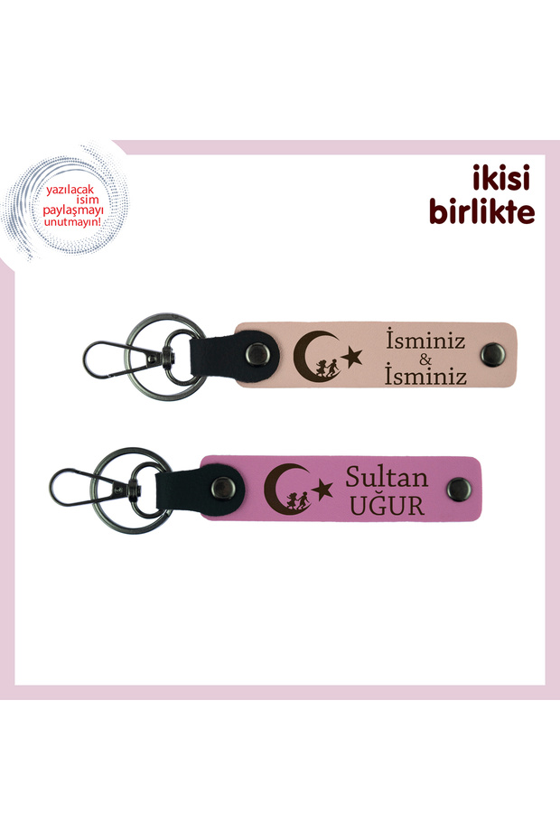 Name Addable Gift – Personal Keychain Set with Child and Crescent Star Motif, Puppy Mouth-Pink