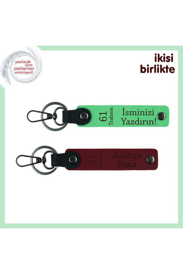 61 Trabzon Written Meaningful Designed Leather Keychains, Set of X2 with Your Name Written, Pistachio Green-Claret Red