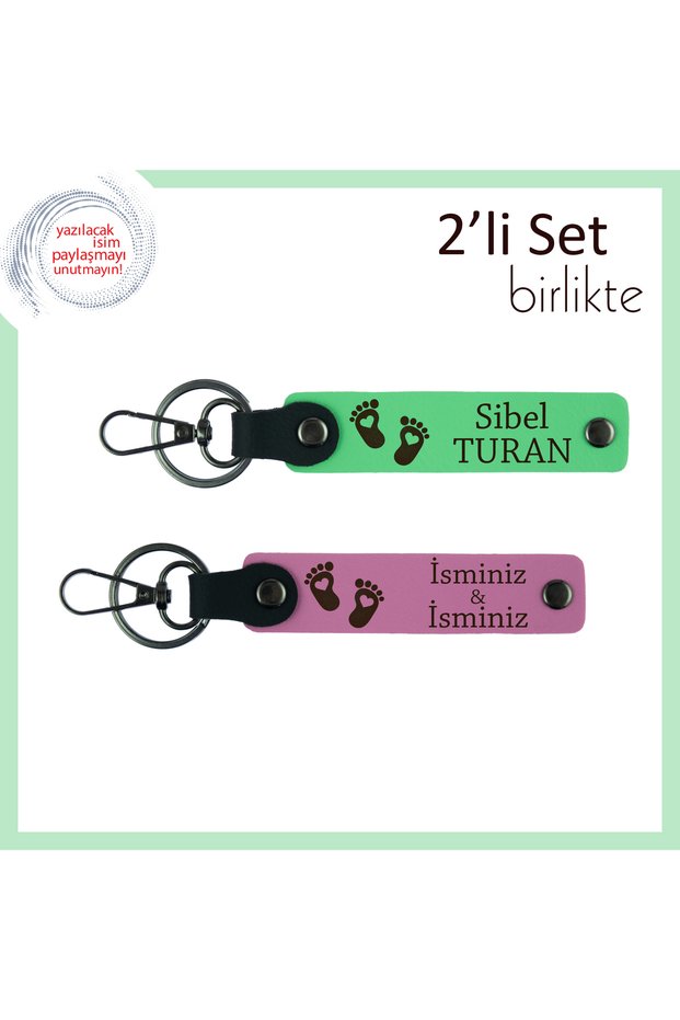 Special Heart Foot Motif Keychain for Newborn Baby, Set with Name Can Be Written on It, F Green-Pink