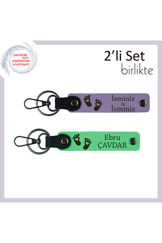 Cute Design with Baby Feet Figures, Name Writable Leather Keychain Set, Purple Violet-F Green