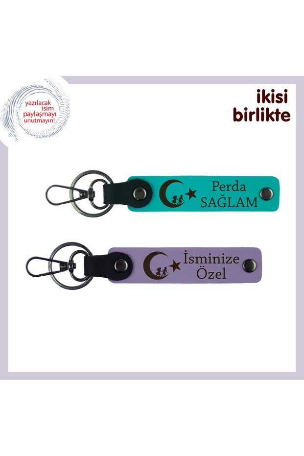 Doctor's Thank You Gift – Children's and Crescent Star Patterned Leather Keychain Set, Dark Turquoise-Purple