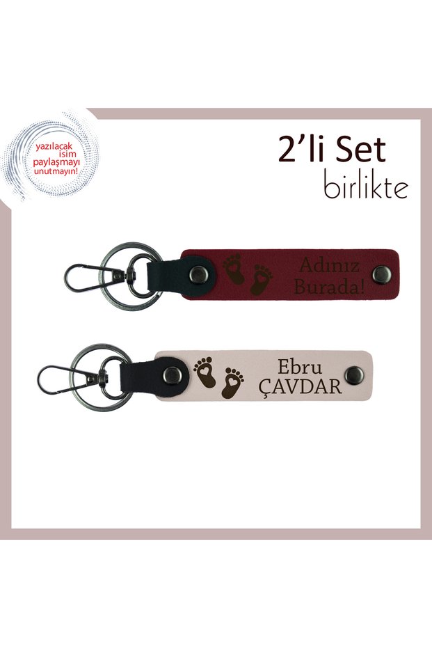 Personal Leather Keychain Set with Heart Foot Pattern, Burgundy-Powder, Meaningful Gift as a Birth Souvenir