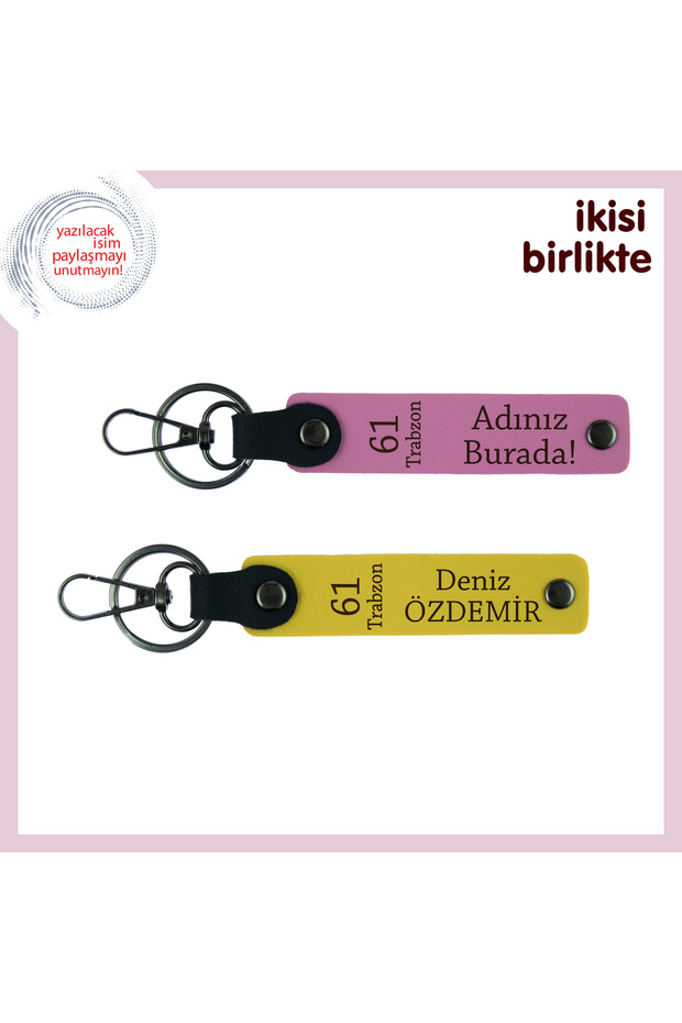Stylish Gift to Represent Years of Friendship, Pair of 61 Keychains with Trabzon Written, Pink-Yellow