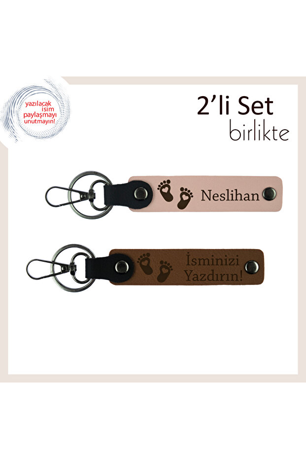 Distinguished Armağan as a Newborn Gift, Heart Themed Leather Keychain Set, Baby Mouth-Open Coffee