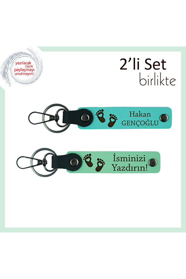 Name Writable Leather Keychain Set, Cute Design Made with Heart Motif, Turquoise-Light Green