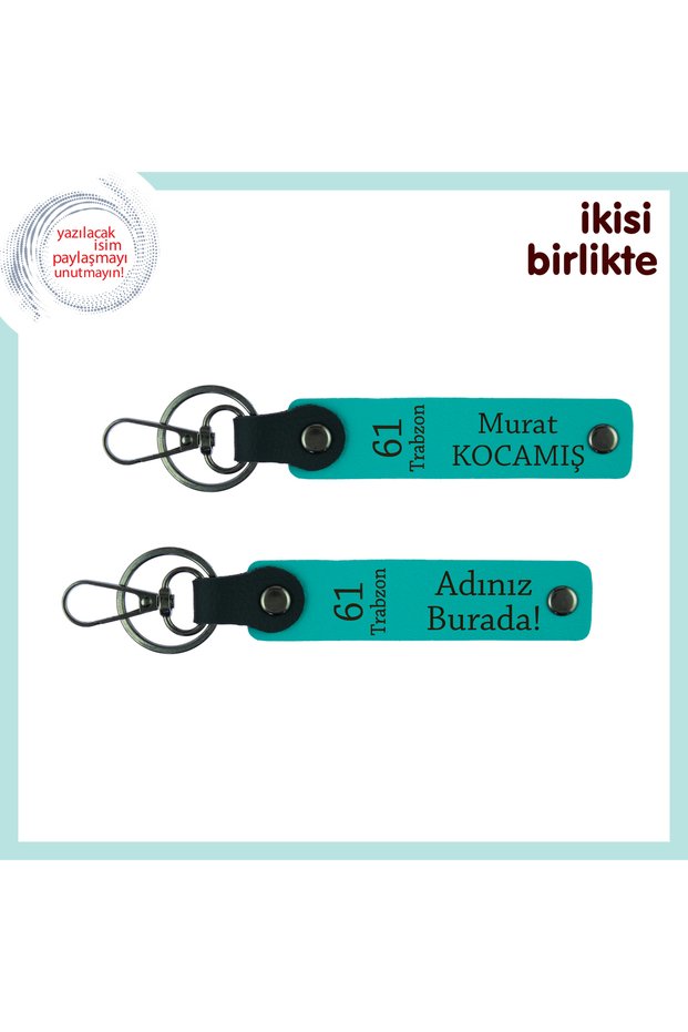 Two Hearts from One Neighbor, 61 Trabzon Written Leather Keychain X2 Gift, Dark Turquoise-K Turquoise