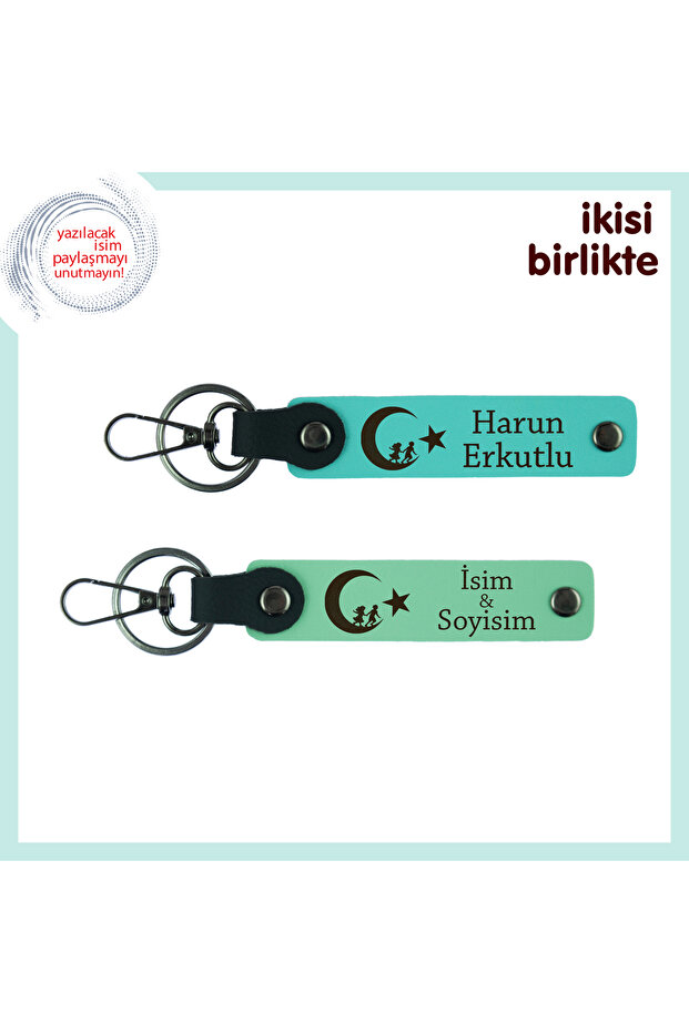 X2 Set, Turquoise-Green, Gift Honoring the Days That Have Passed Together – Child and Crescent Star Keychain