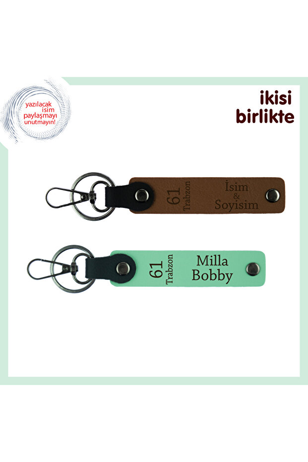 61 Printed Name Written Keychain Set of 2, a Brown-A Green, Personal Gift for Trabzon Lovers