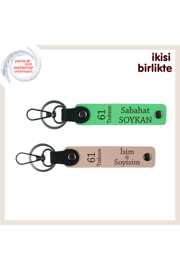 Meaningful Leather Keychain Set of 2 for Trabzon Mother, Name Writable Gift, Pistachio Green-Kitten Mouth