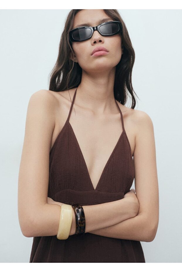 V yakalı pamuklu elbise - 5