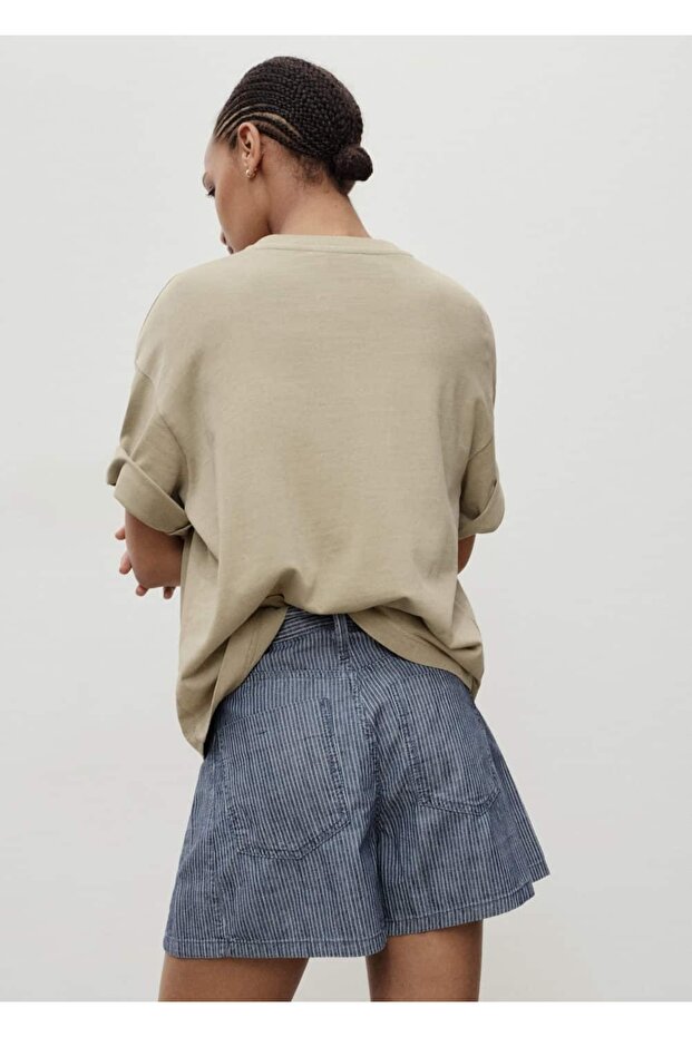 Çizgili pileli denim şort - 4