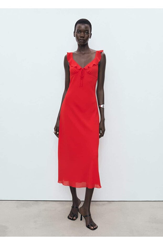 Yakası volanlı midi elbise - 2