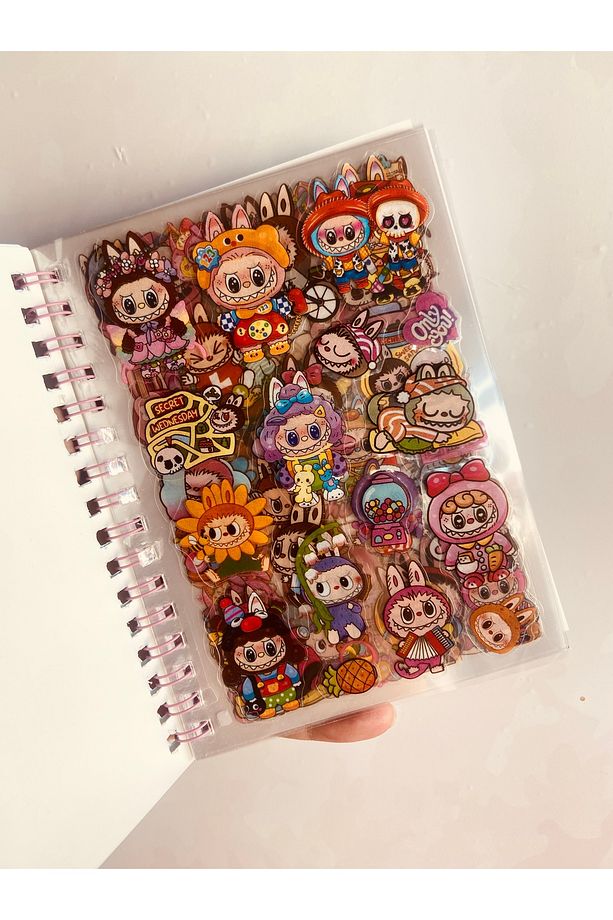 Labubu Sticker Etiket Çıkartma 16 Sayfa (300 adet) Su Geçirmez+Opak 8 Sayfa Not Defteri - 5
