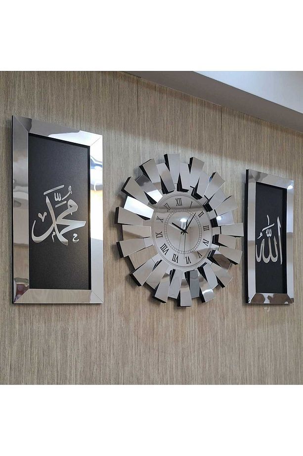 Üçlü Piyano Modelli Allah Muhammed Lafzı 3D Aynalı Tablo Gümüş - 6